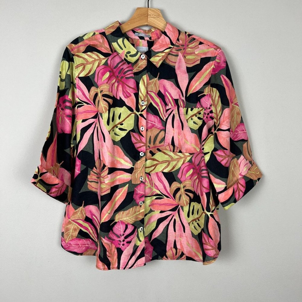 Chicos 3P Shirt Womens 16P 18P No Iron Linen Tropical Fresh Chic Coral Button Up